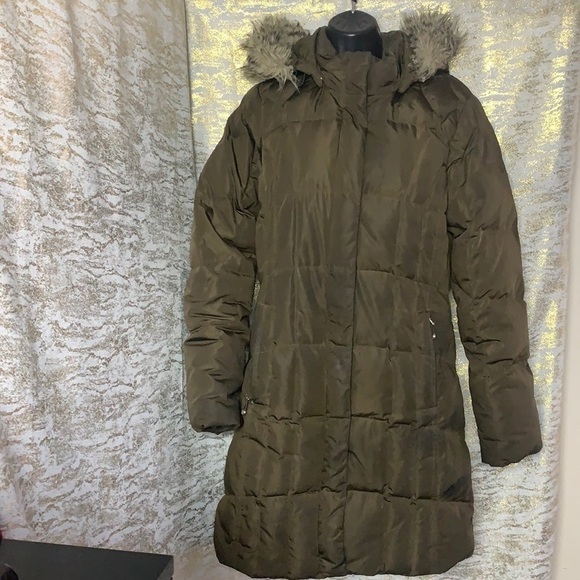 EDDIE Bauer Brown Premium Goose Down Long Puffer Coat Removable Hood Size M - Picture 3 of 15